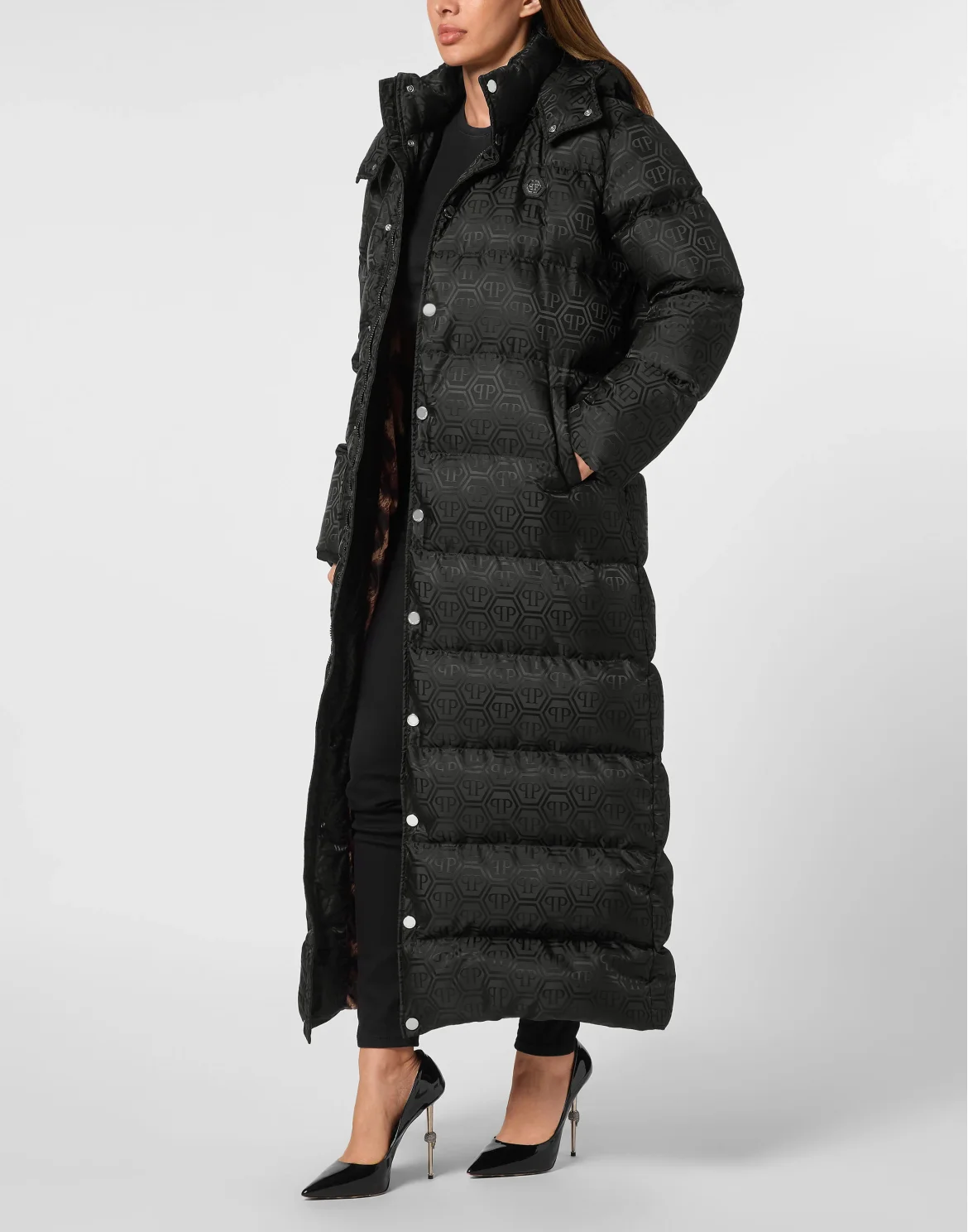 Nylon Jacquard Long Puffer Jacket Monogram, цвет: Черный