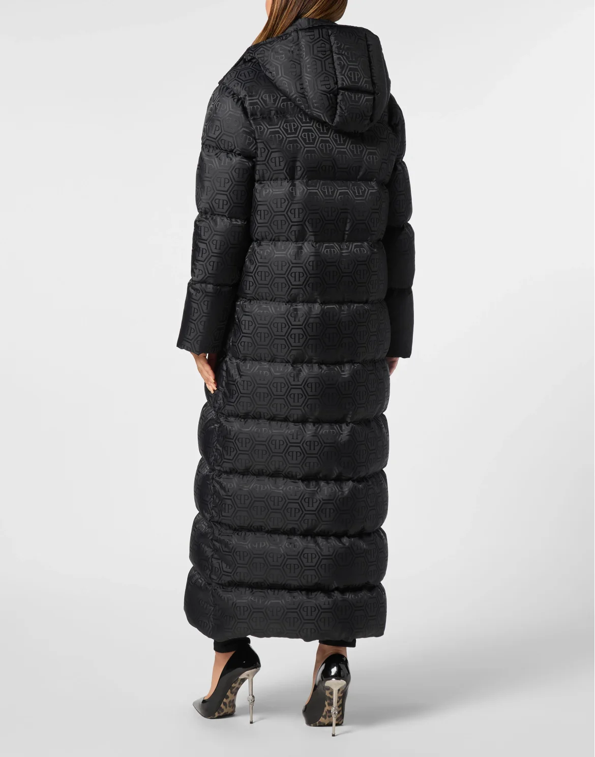 Nylon Jacquard Long Puffer Jacket Monogram, цвет: Черный
