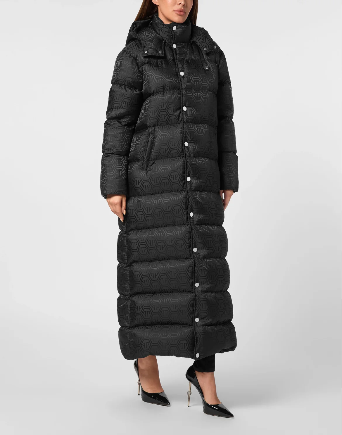 Nylon Jacquard Long Puffer Jacket Monogram, цвет: Черный