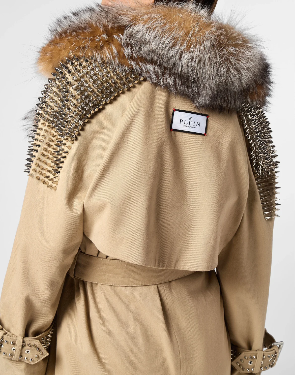 Gabardine Trench Coat With Fur Collar, цвет: Бежевый