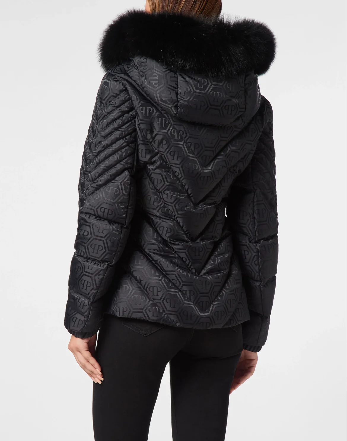 Puffer Jacket Fox Hood Monogram, цвет: Черный