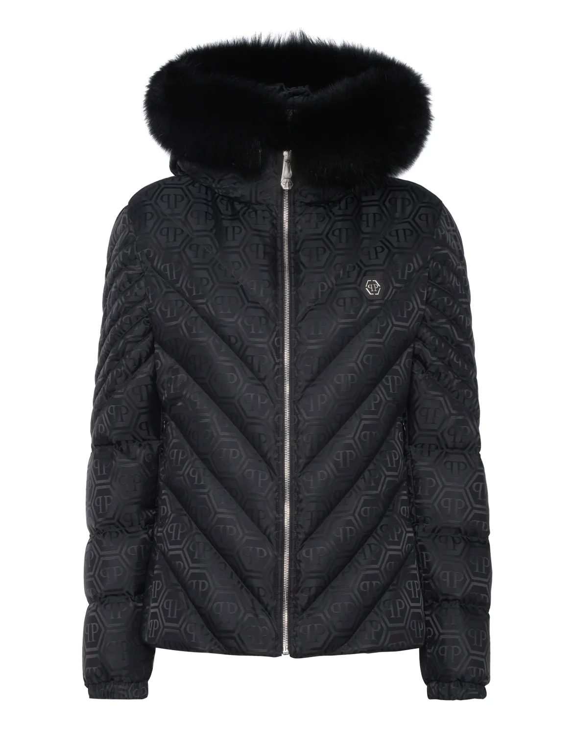 Puffer Jacket Fox Hood Monogram, цвет: Черный