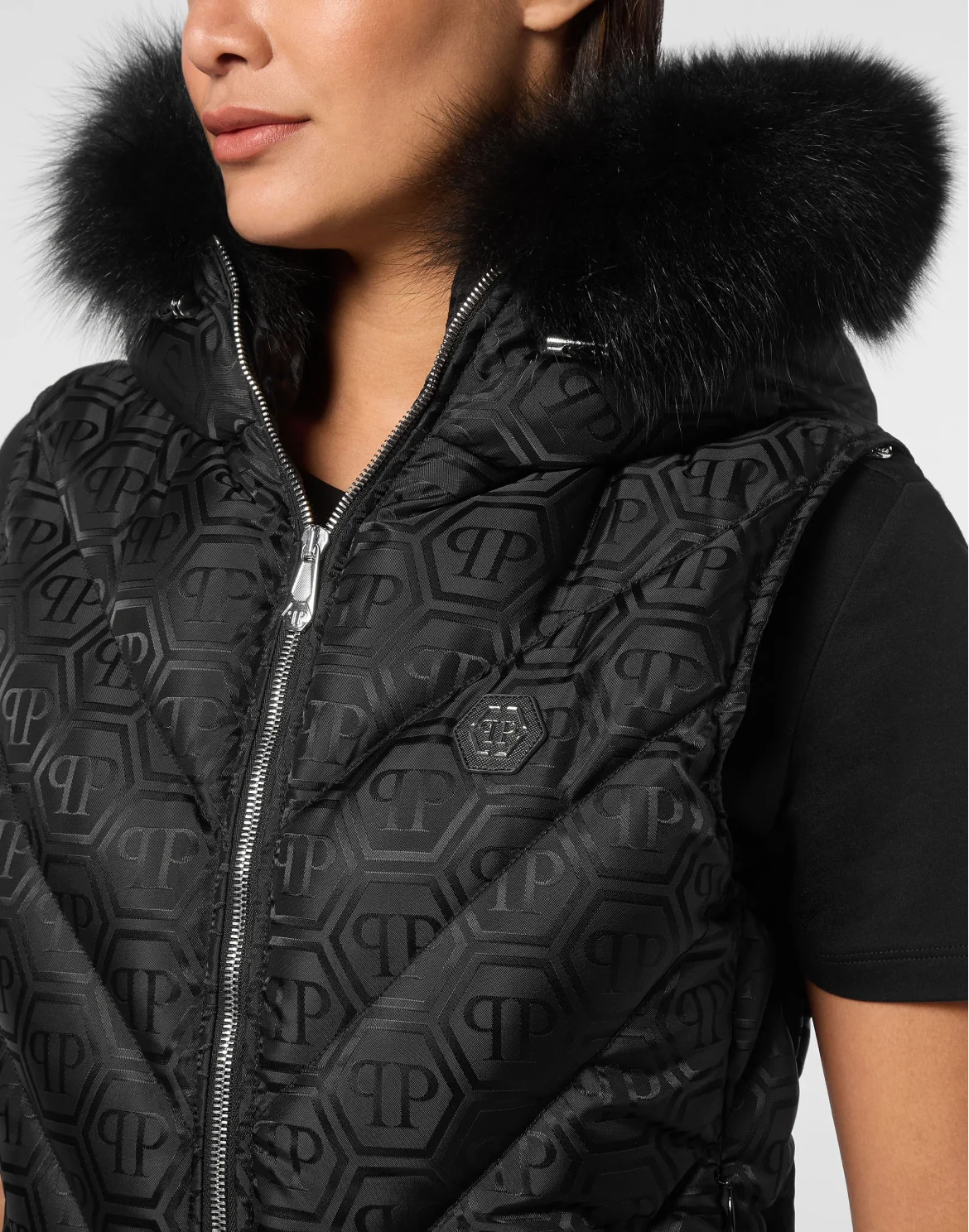 Puffer Gilet Fox Hood Monogram, цвет: Черный