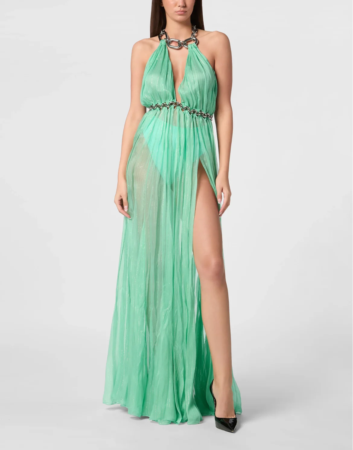 Chiffon Woven Chain Long Dress, цвет: Бирюзовый