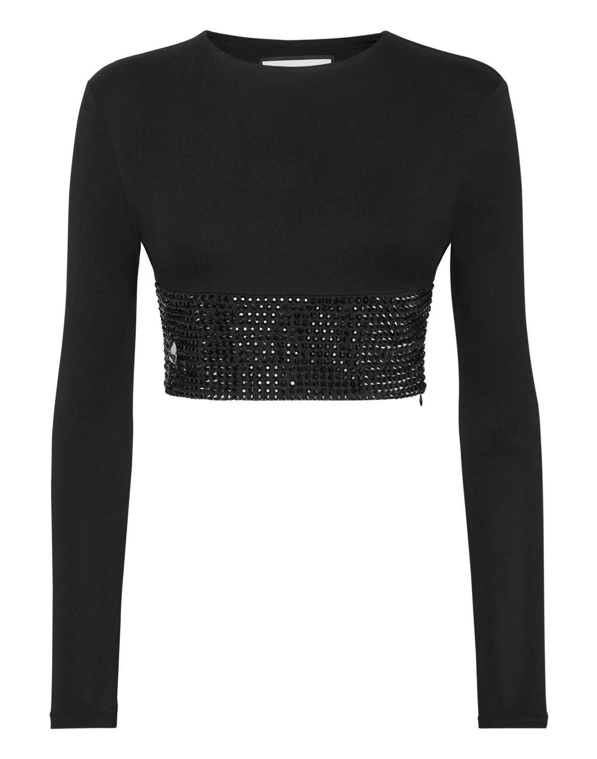 Strass Cropped T-shirt Round Neck LS, цвет: Черный