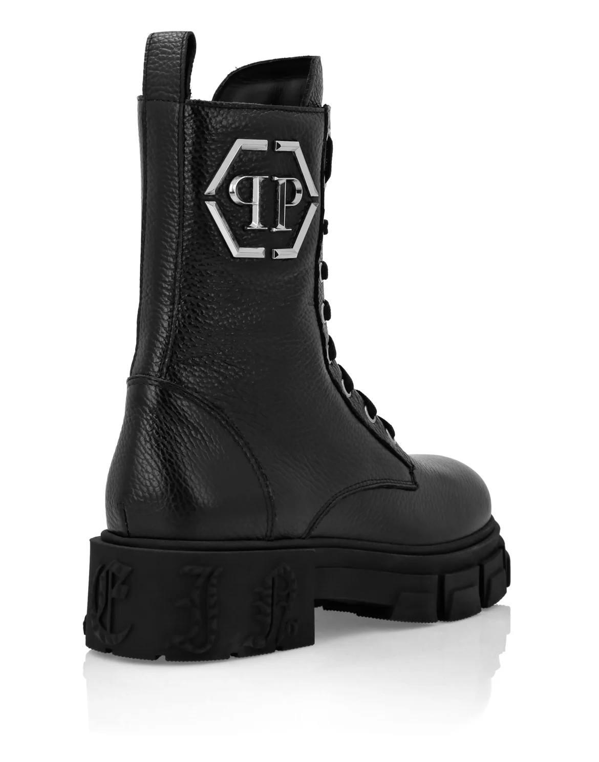 Embossed Leather Boots Mid Flat, цвет: Черный