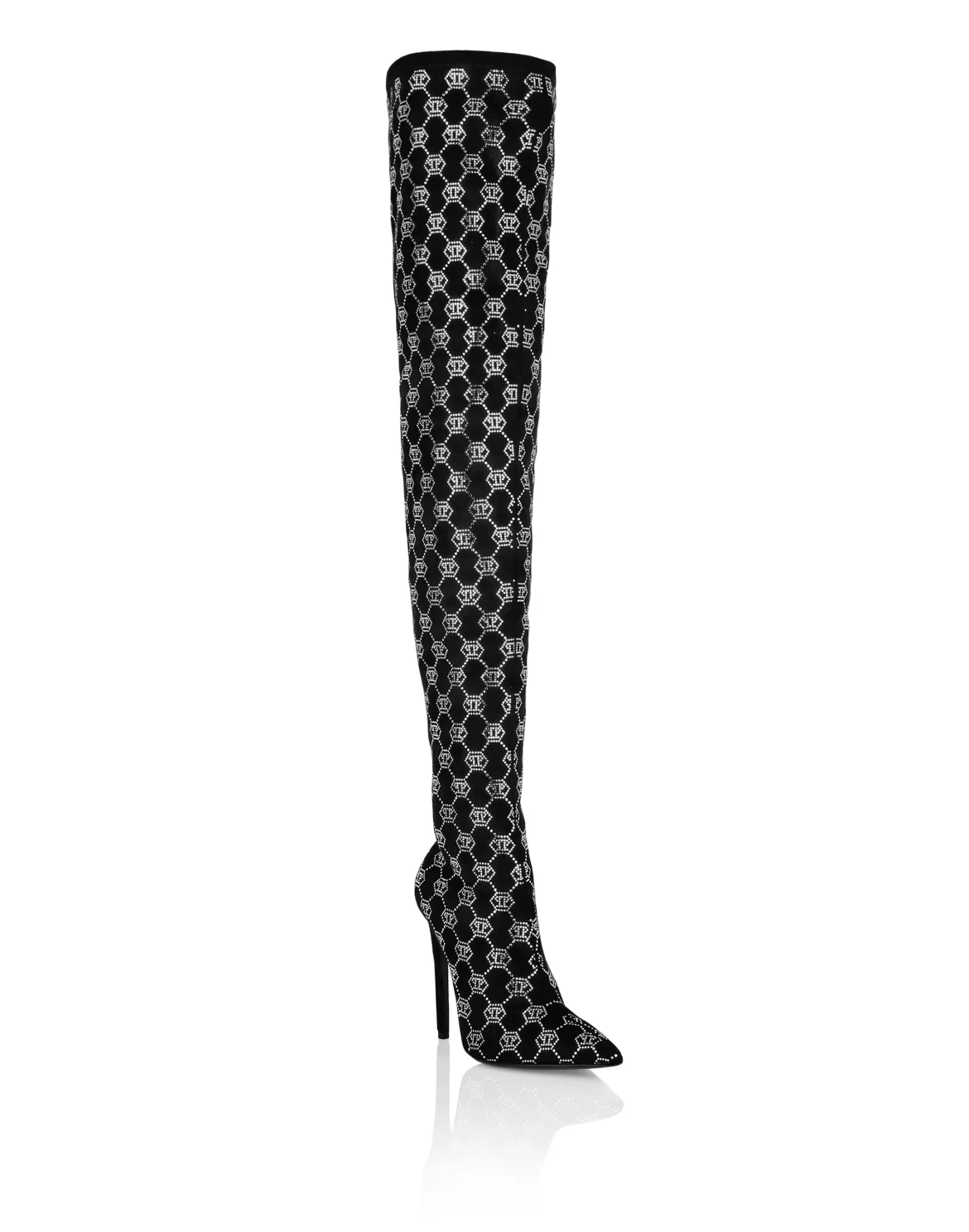 Suede Strass Boots Hi-Heels Overknees Strass Monogram, цвет: Черный