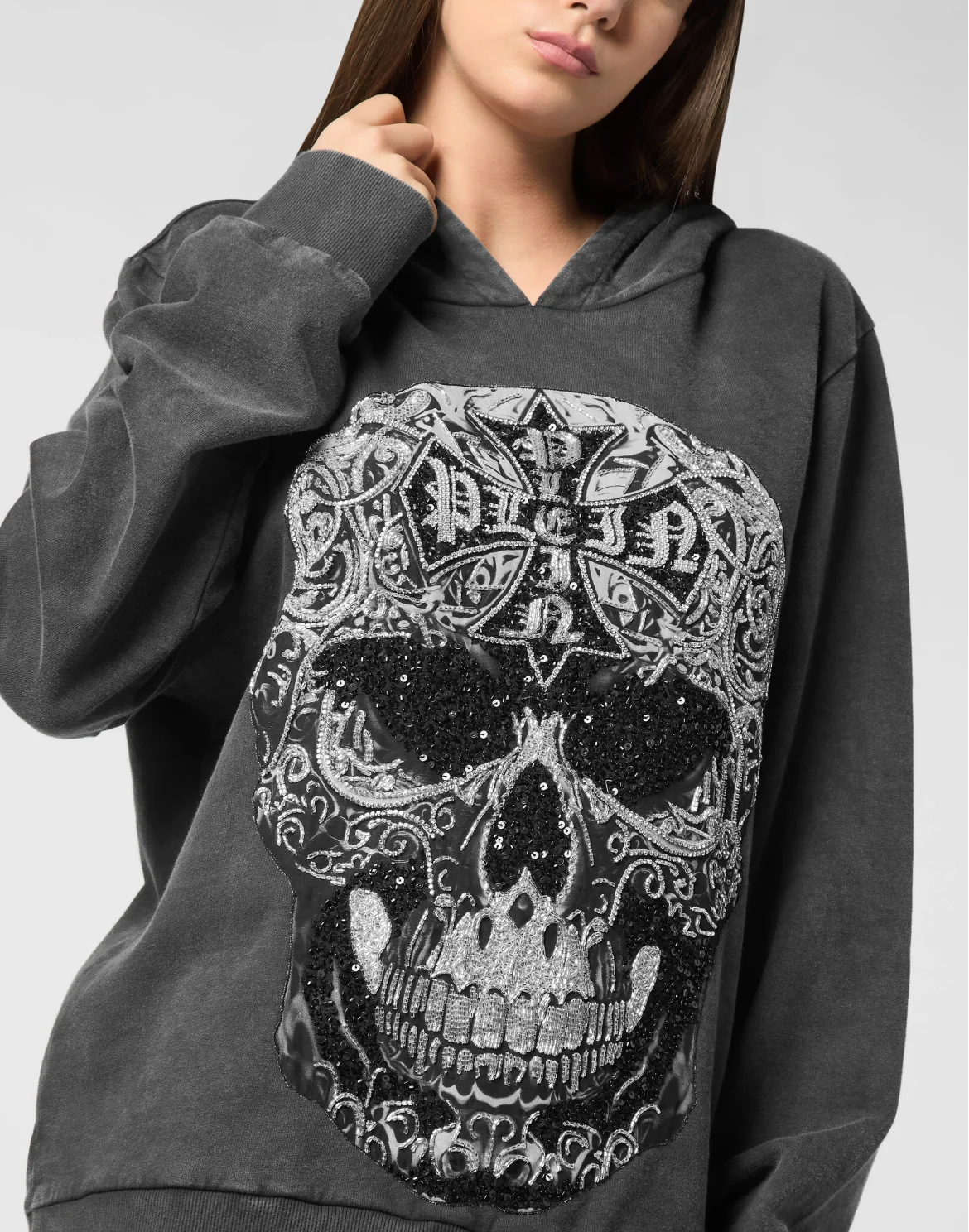 Washed Hoodie Sweatshirt Baroque Skull, цвет: Черный