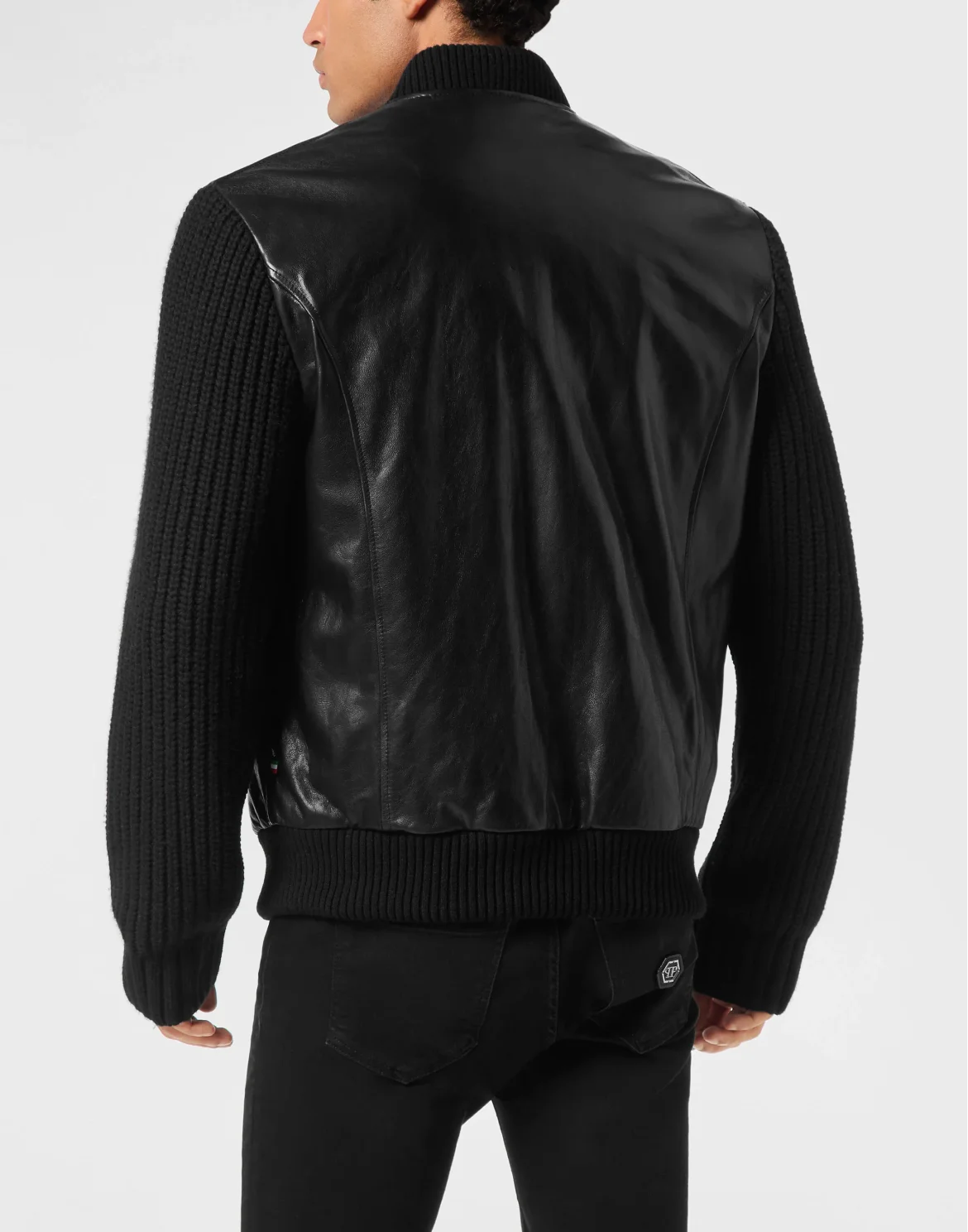 Leather Bomber with Knitted Sleeves, цвет: Черный