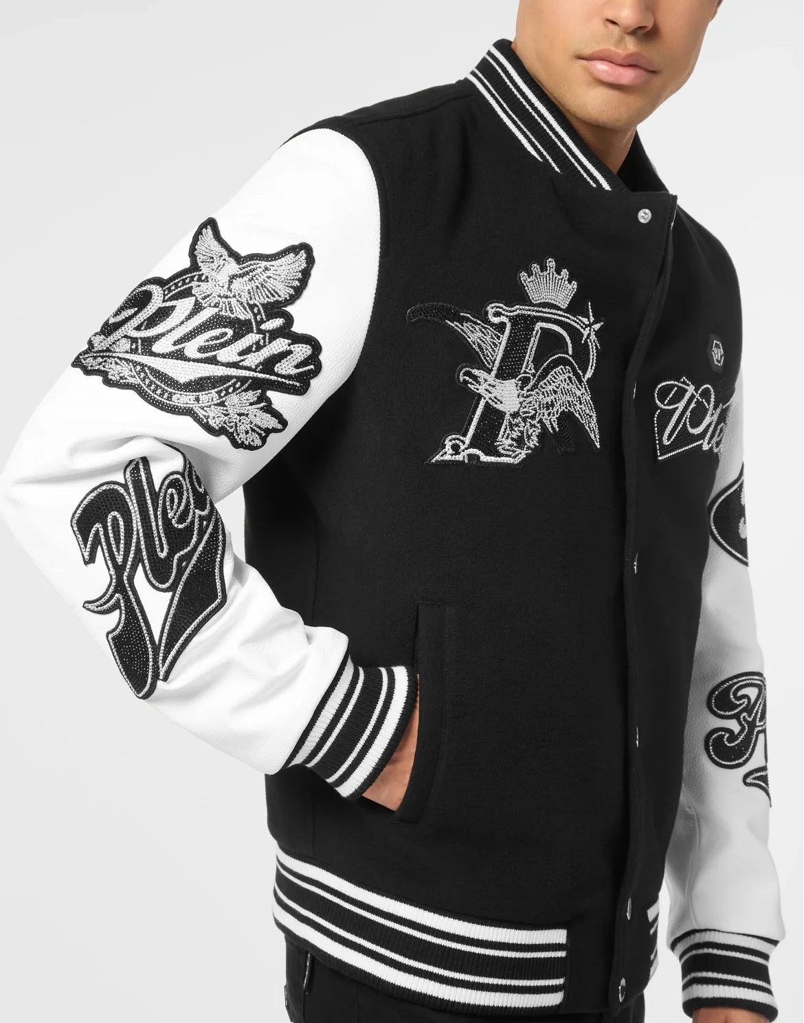 Varsity Bomber with Leather Sleeves Crystal Eagle, цвет: Черный