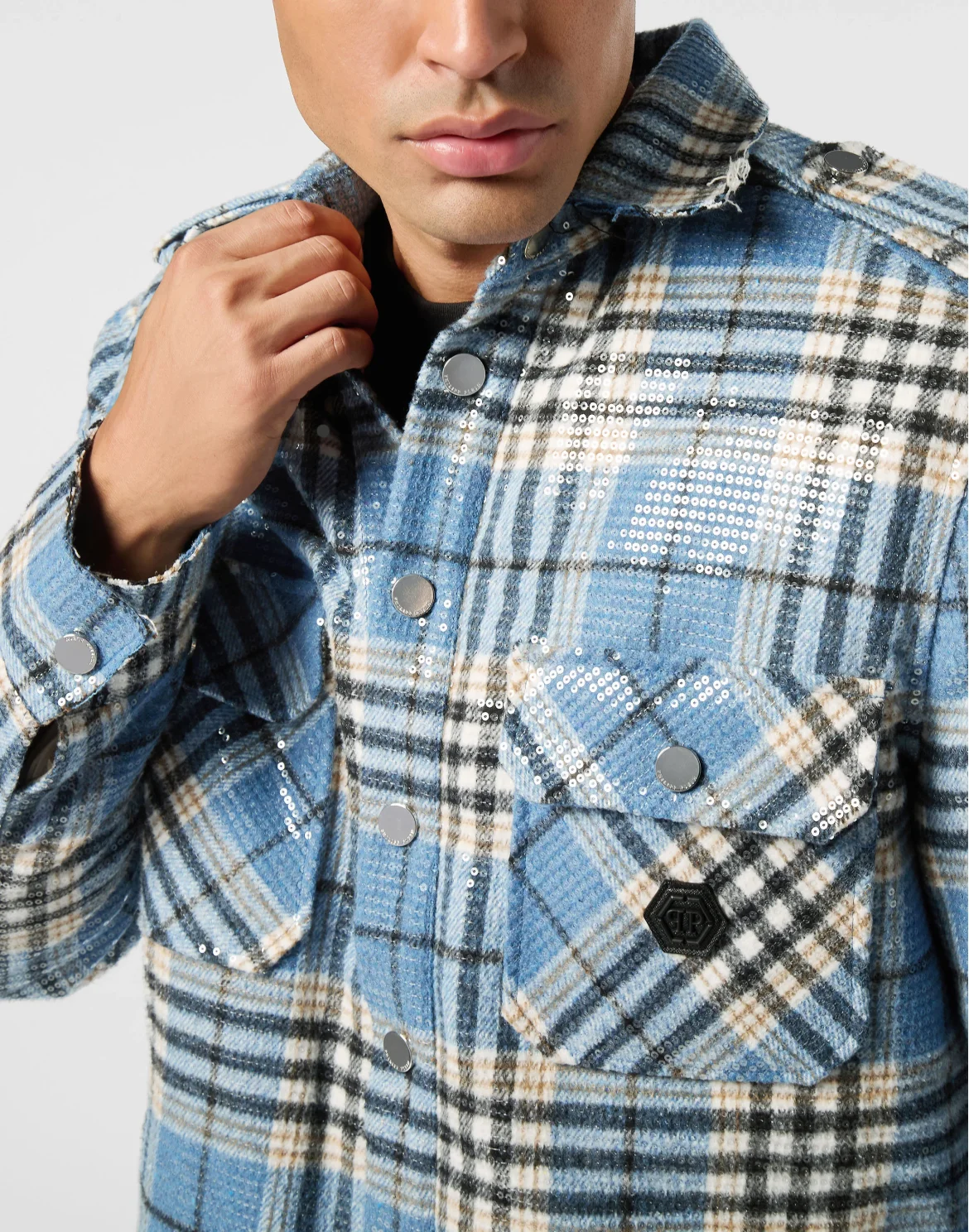 Destroyed Tartan Overshirt Pailletes, цвет: Синий