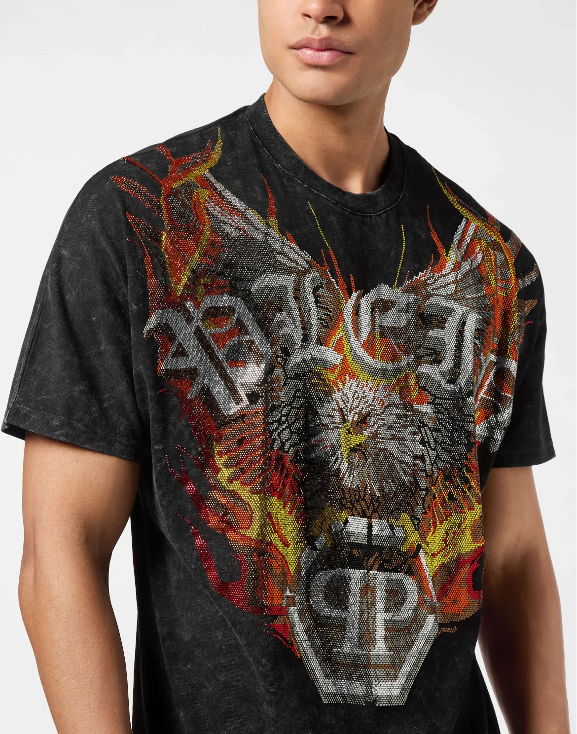 Washed Kimono Cut T-Shirt Eagle Crystal, цвет: Черный