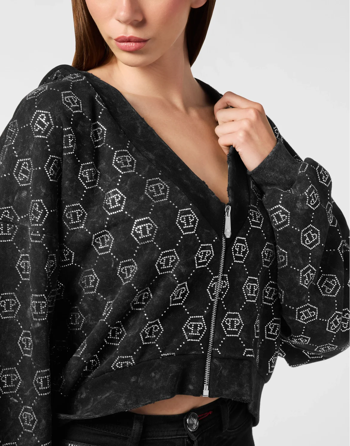 Washed Zip Hoodie Monogram Crystal, цвет: Черный