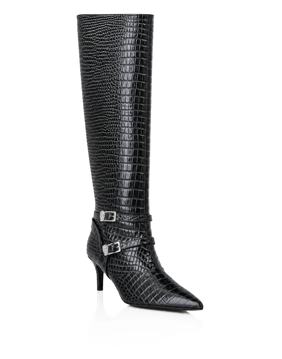 Low-Heel Strapped High Boots Cocco Print, цвет: Черный