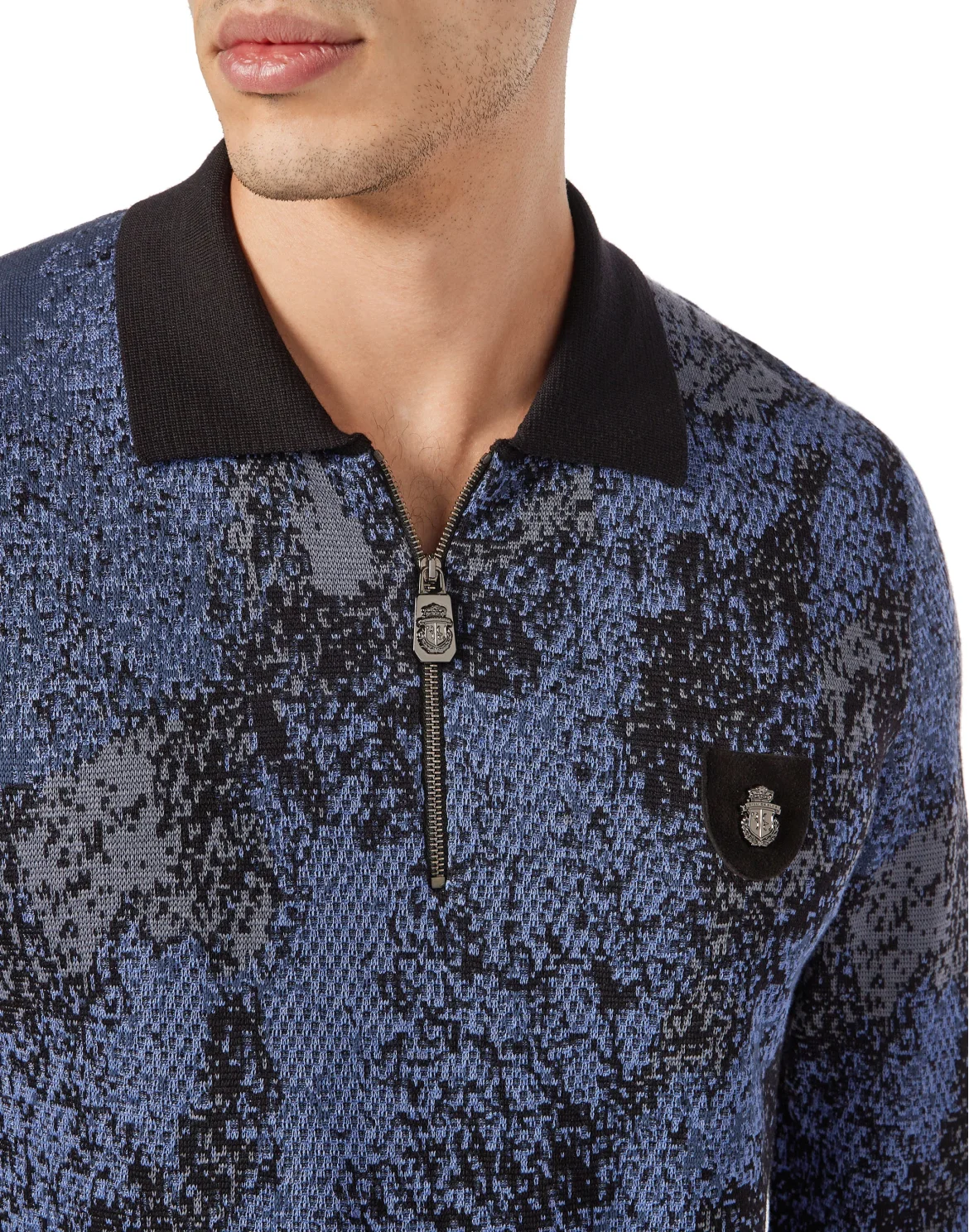 Jacquard Cotton Wool Zipped Polo Shirt, цвет: Черный