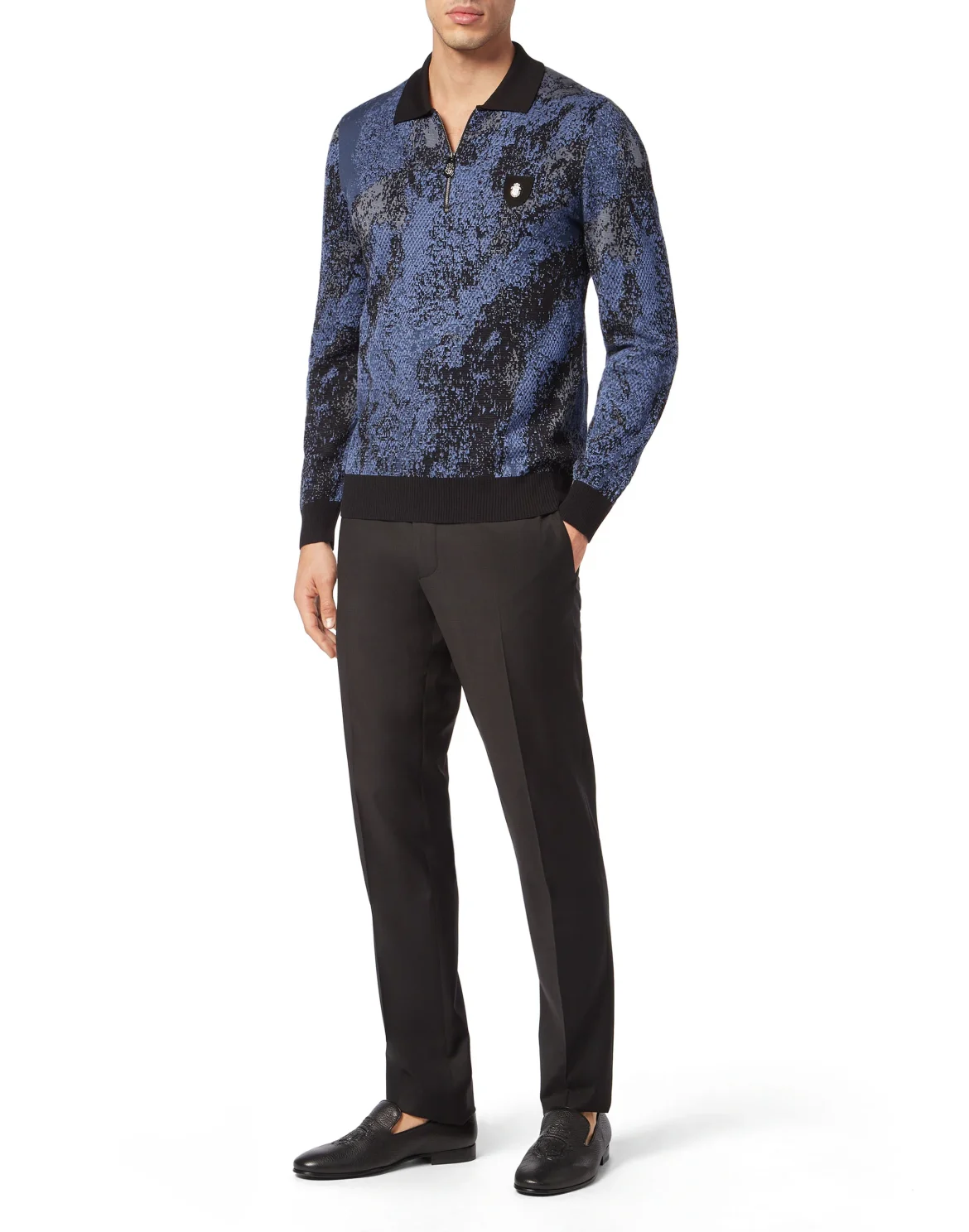 Jacquard Cotton Wool Zipped Polo Shirt, цвет: Черный
