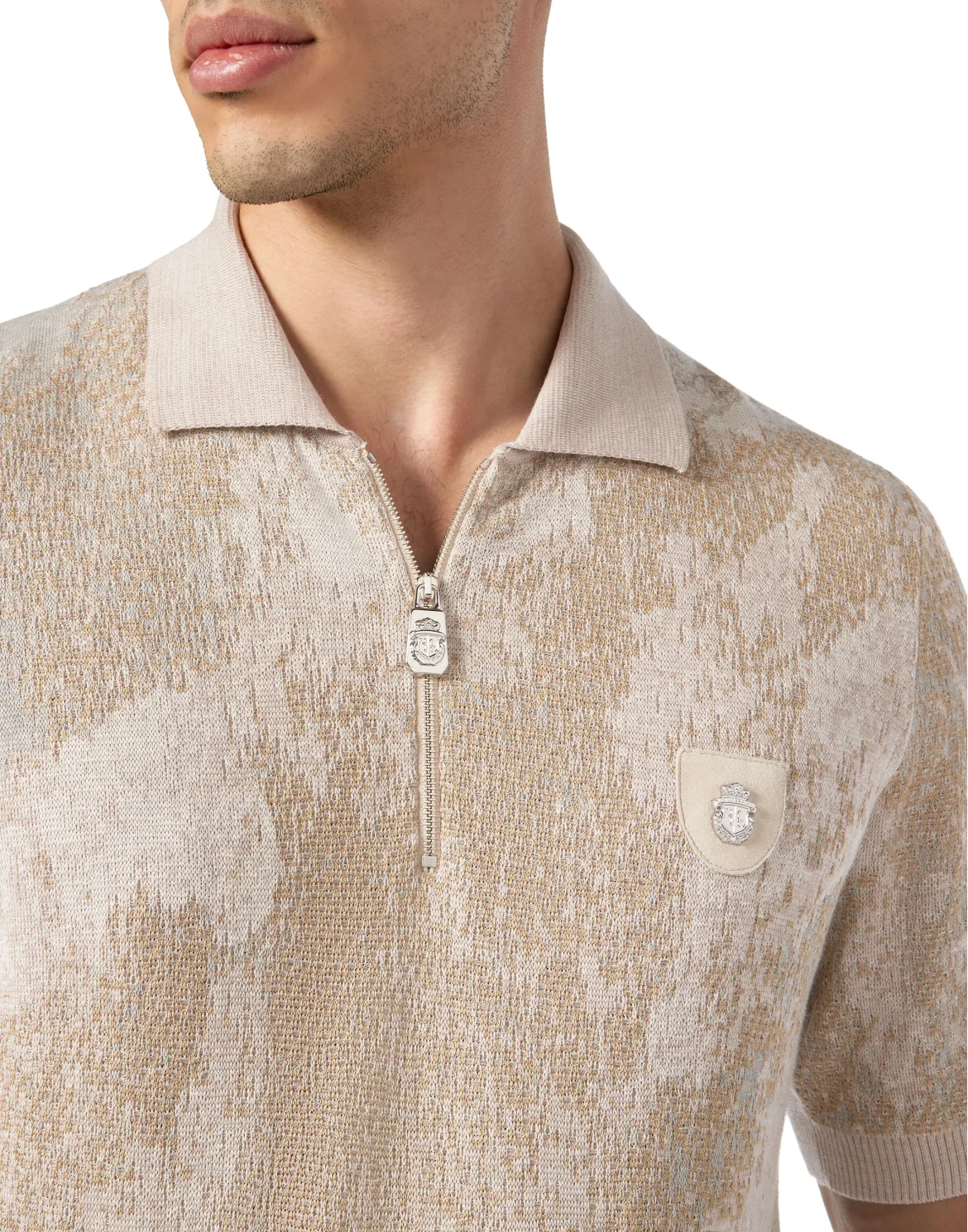 Jacquard Cotton Wool Zipped Polo Shirt, цвет: Бежевый