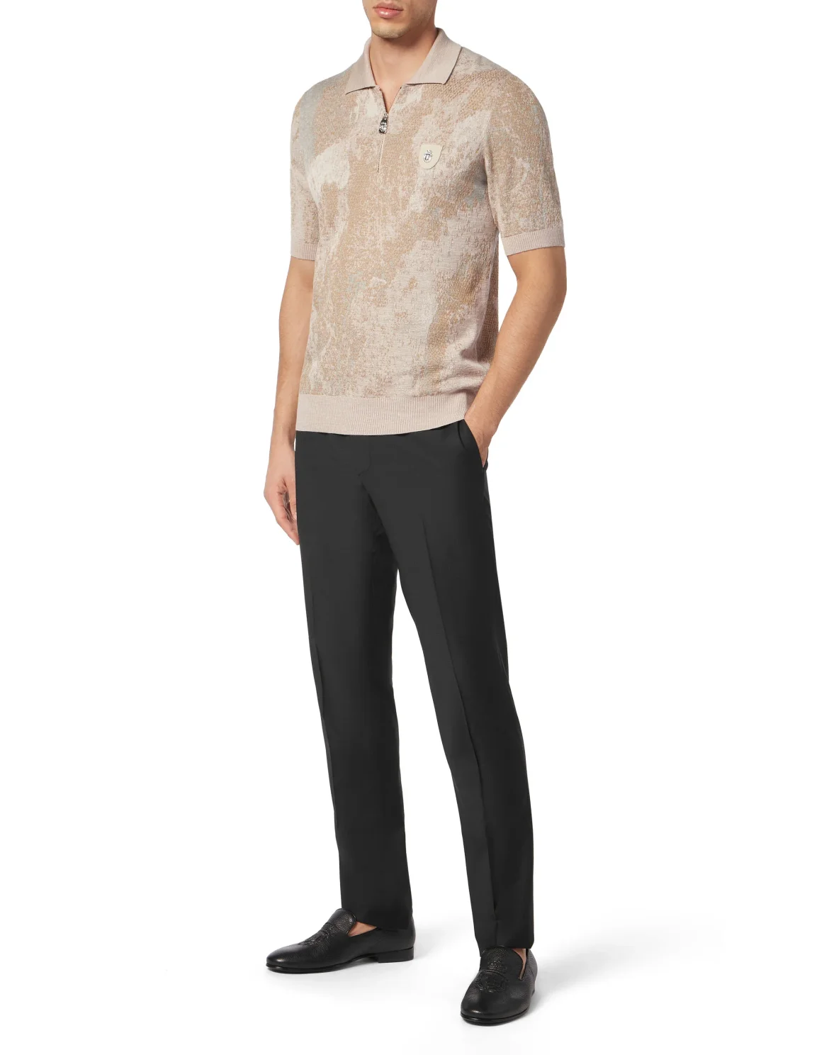 Jacquard Cotton Wool Zipped Polo Shirt, цвет: Бежевый