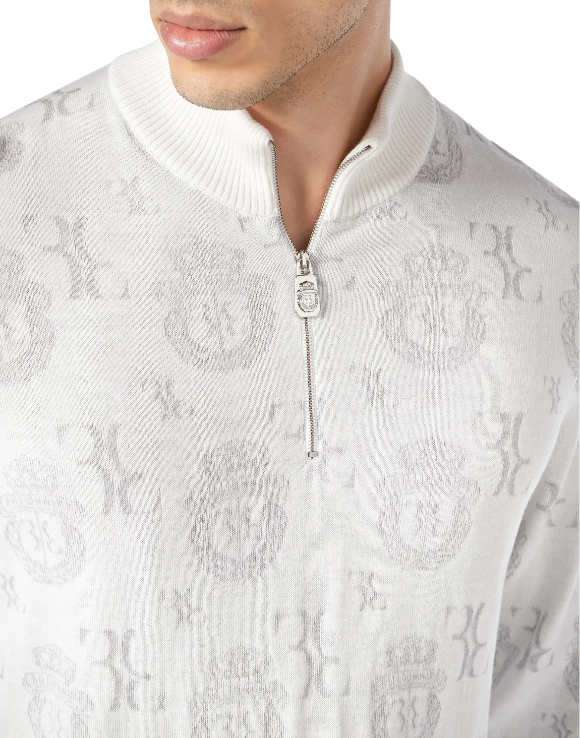 Wool Silk Jacquard Zip Mock Pullover, цвет: Белый