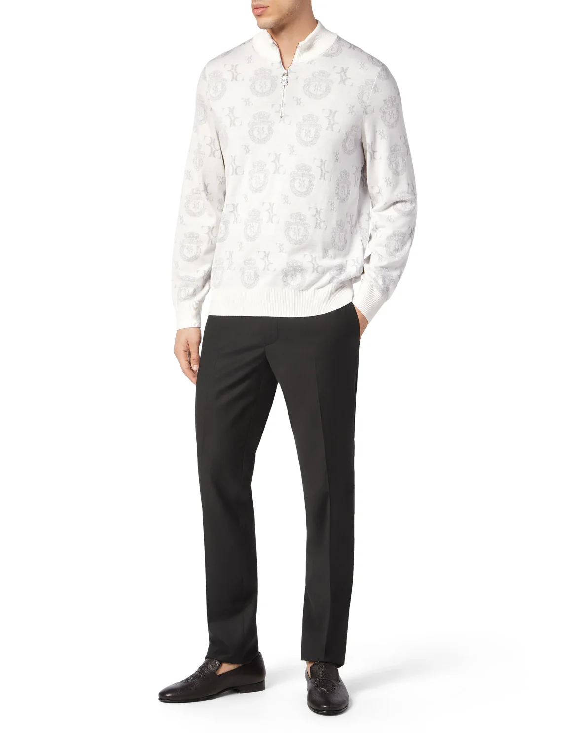 Wool Silk Jacquard Zip Mock Pullover, цвет: Белый
