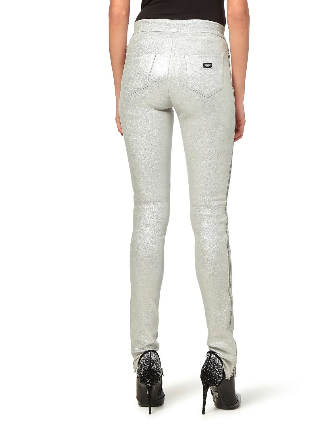 Leather Slim Trousers "Down", цвет: Серебристый
