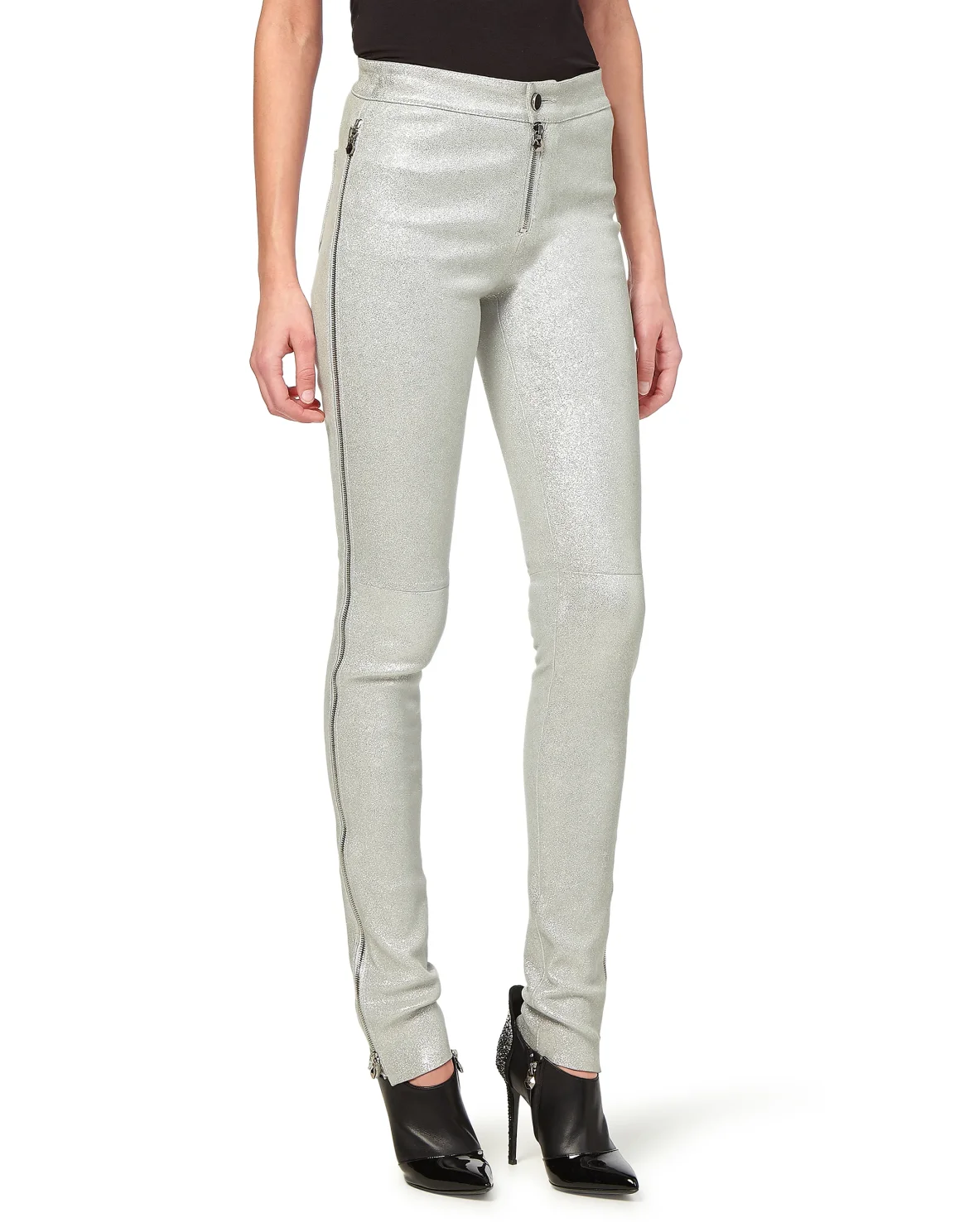 Leather Slim Trousers "Down", цвет: Серебристый
