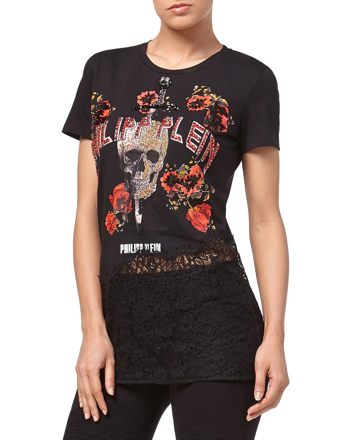 T-shirt Round Neck SS "Flowers and Skull", цвет: Черный