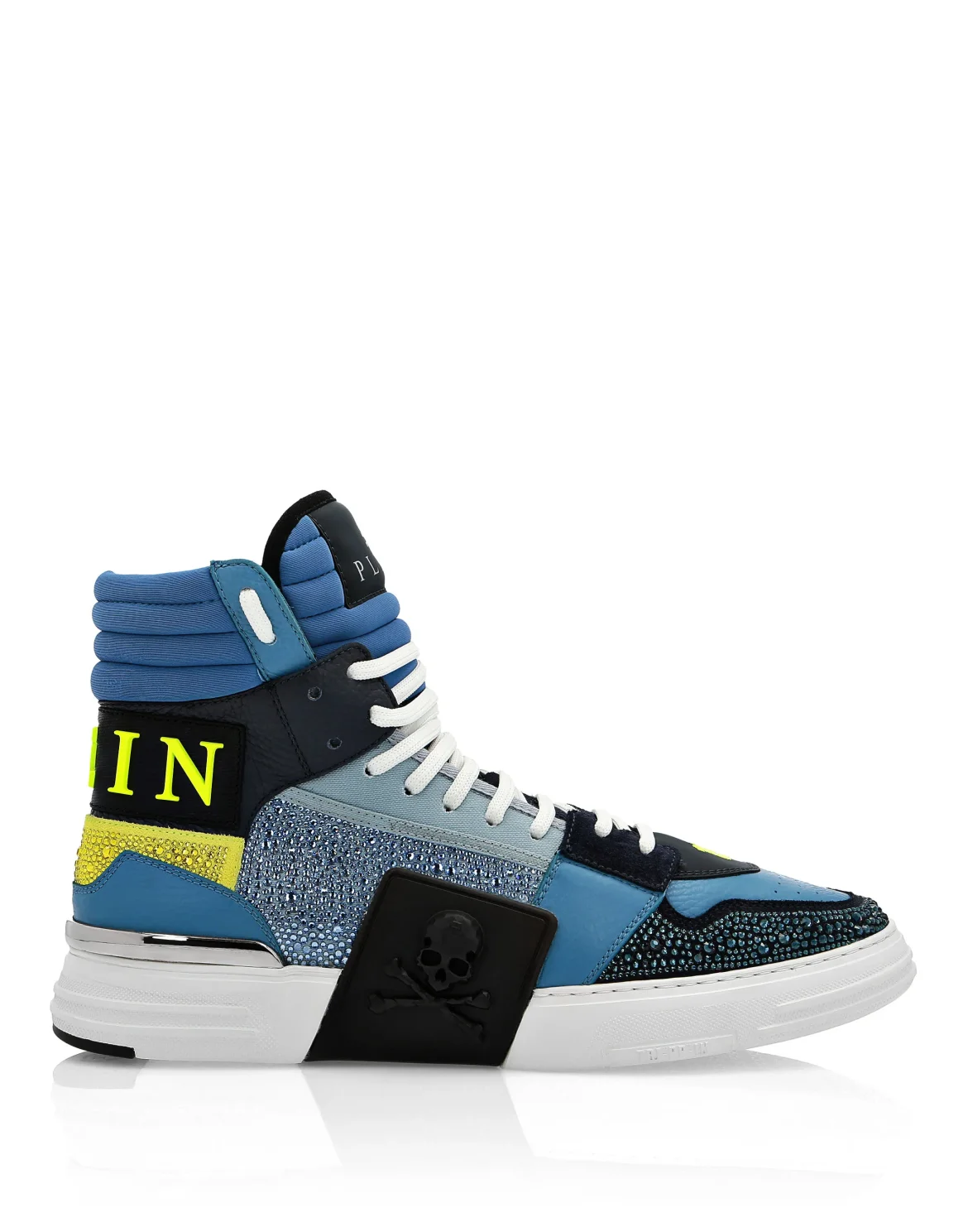 HI-TOP SNEAKERS PHANTOM KICK$ LEATHER STUD WITH STRASS SKULL, цвет: Синий