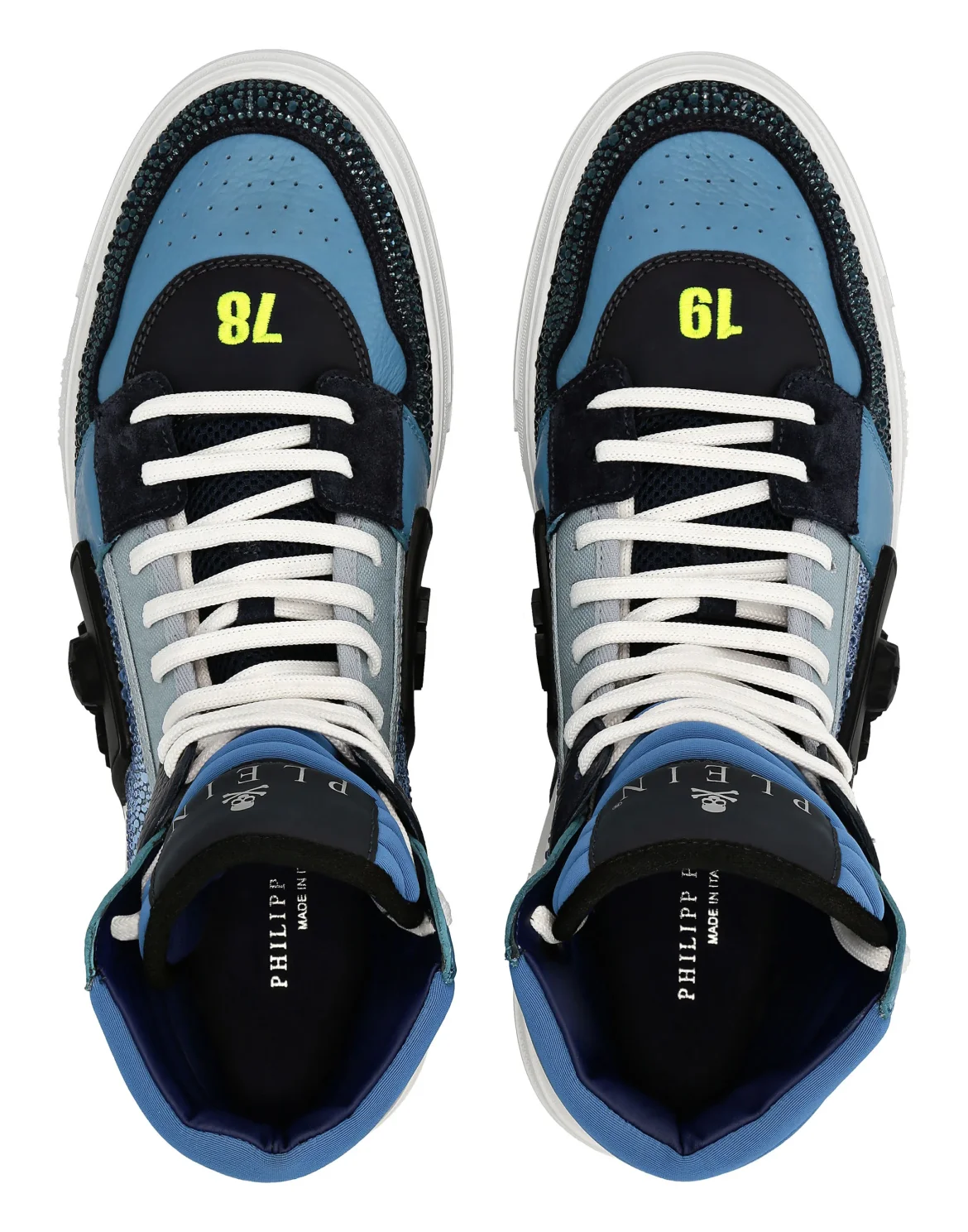 HI-TOP SNEAKERS PHANTOM KICK$ LEATHER STUD WITH STRASS SKULL, цвет: Синий