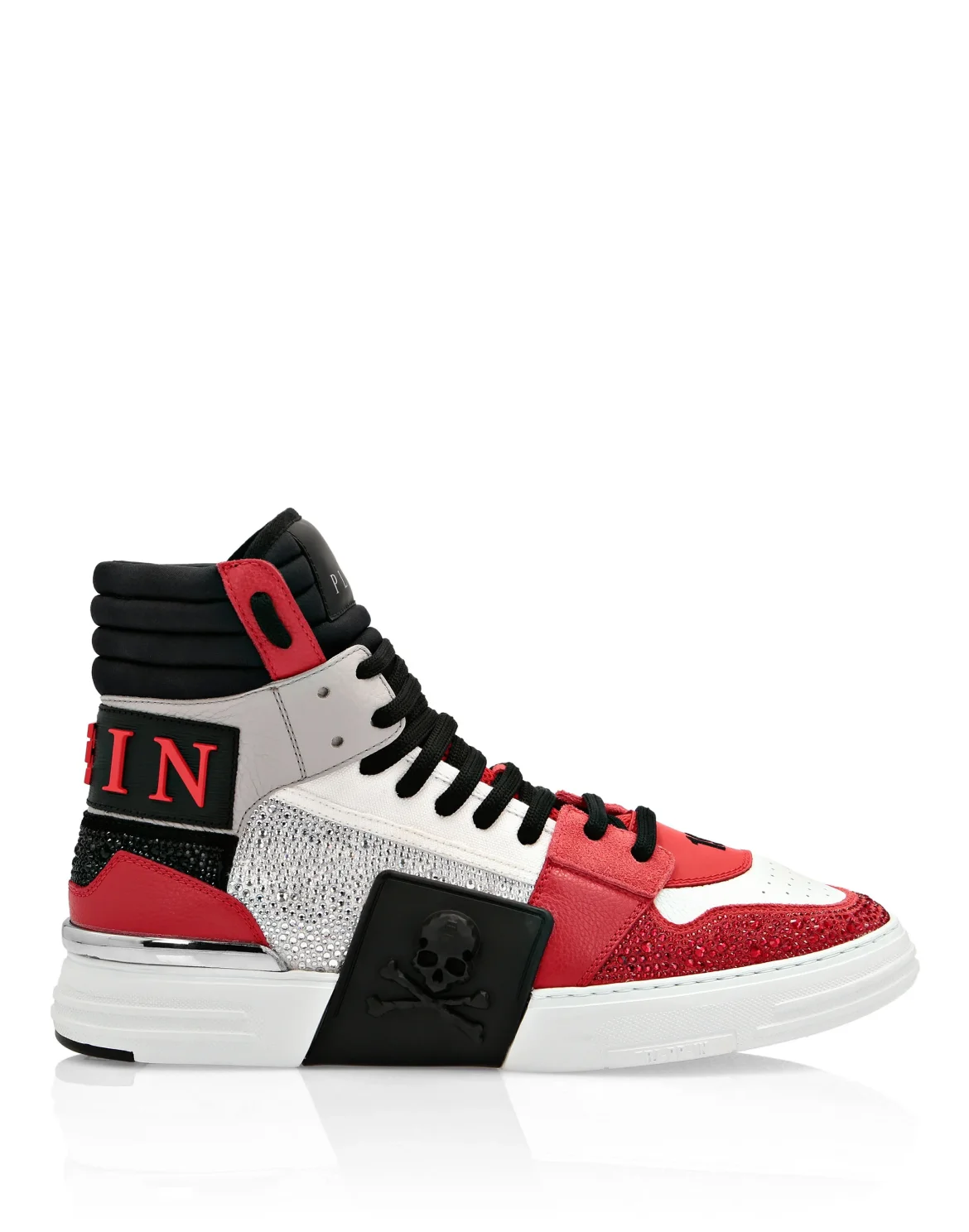 HI-TOP SNEAKERS PHANTOM KICK$ LEATHER STUD WITH STRASS SKULL, цвет: Красный
