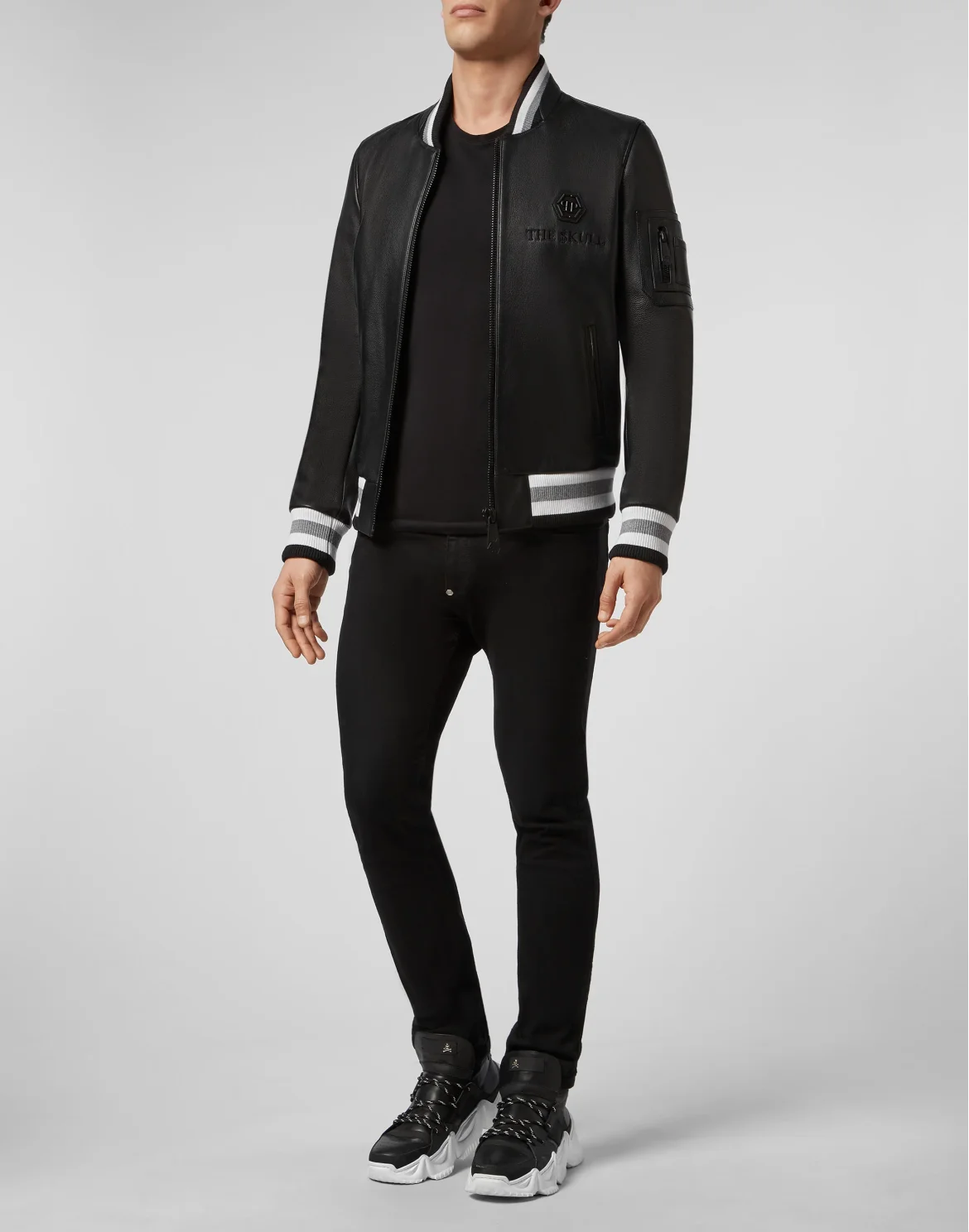 Leather Bomber Outline Skull, цвет: Черный