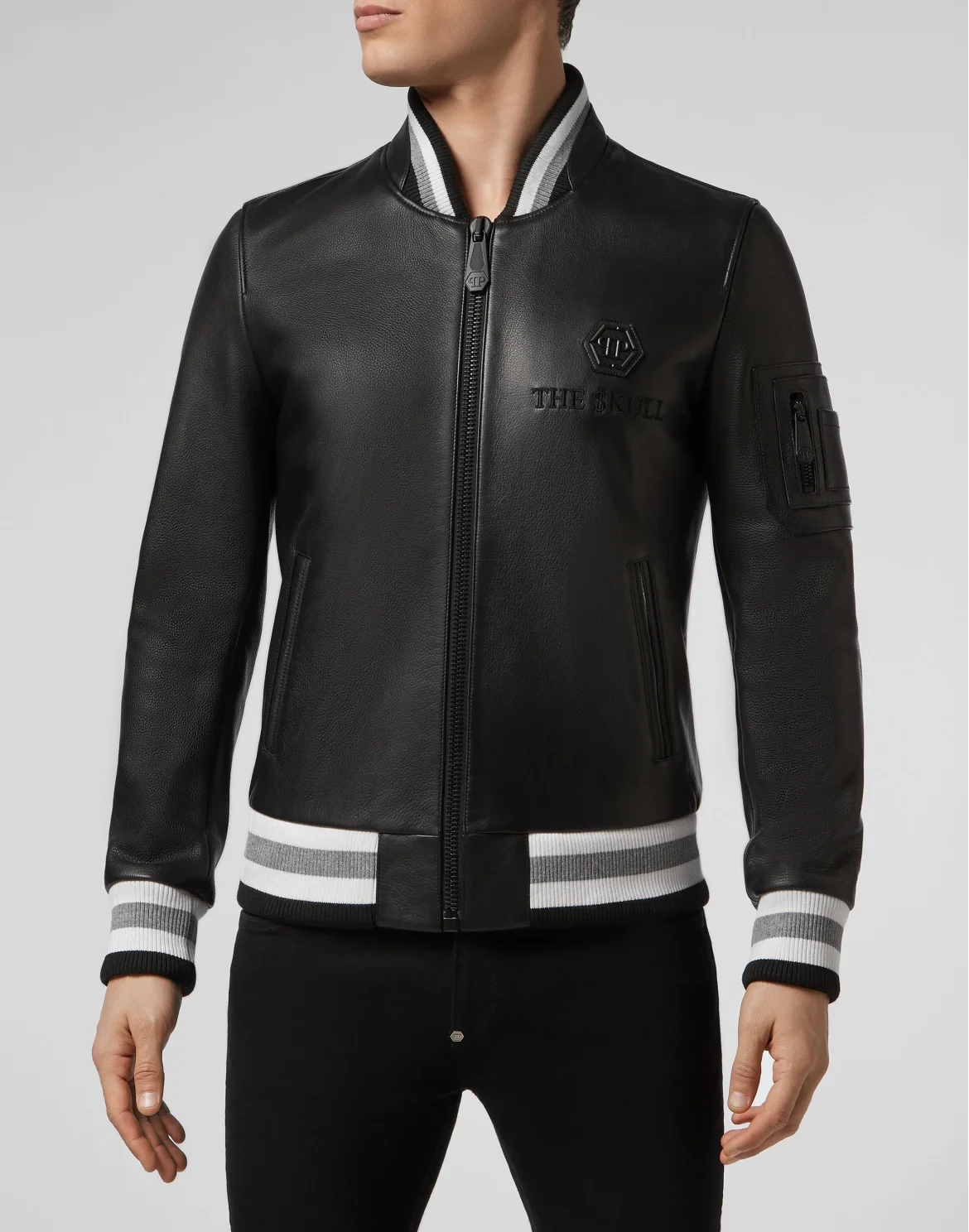 Leather Bomber Outline Skull, цвет: Черный