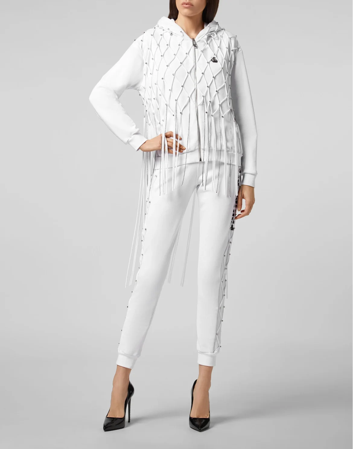 Hoodie Sweatjacket Net Crystal Touch Fringe, цвет: Белый