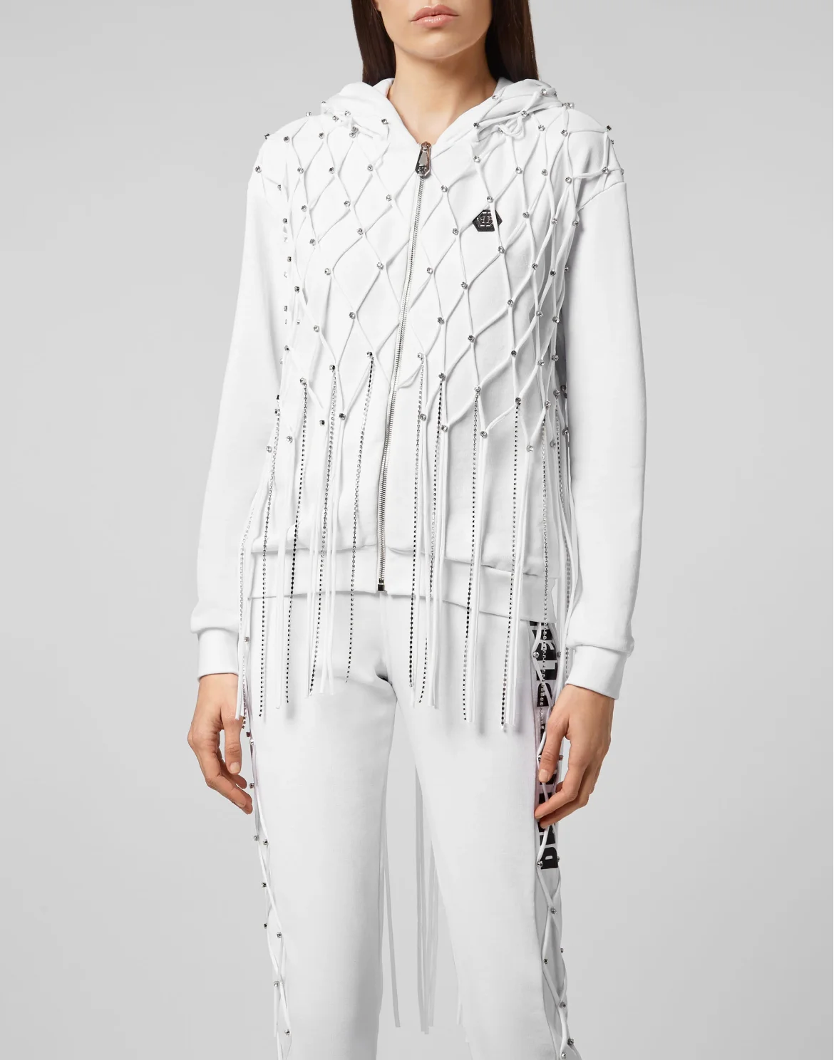 Hoodie Sweatjacket Net Crystal Touch Fringe, цвет: Белый