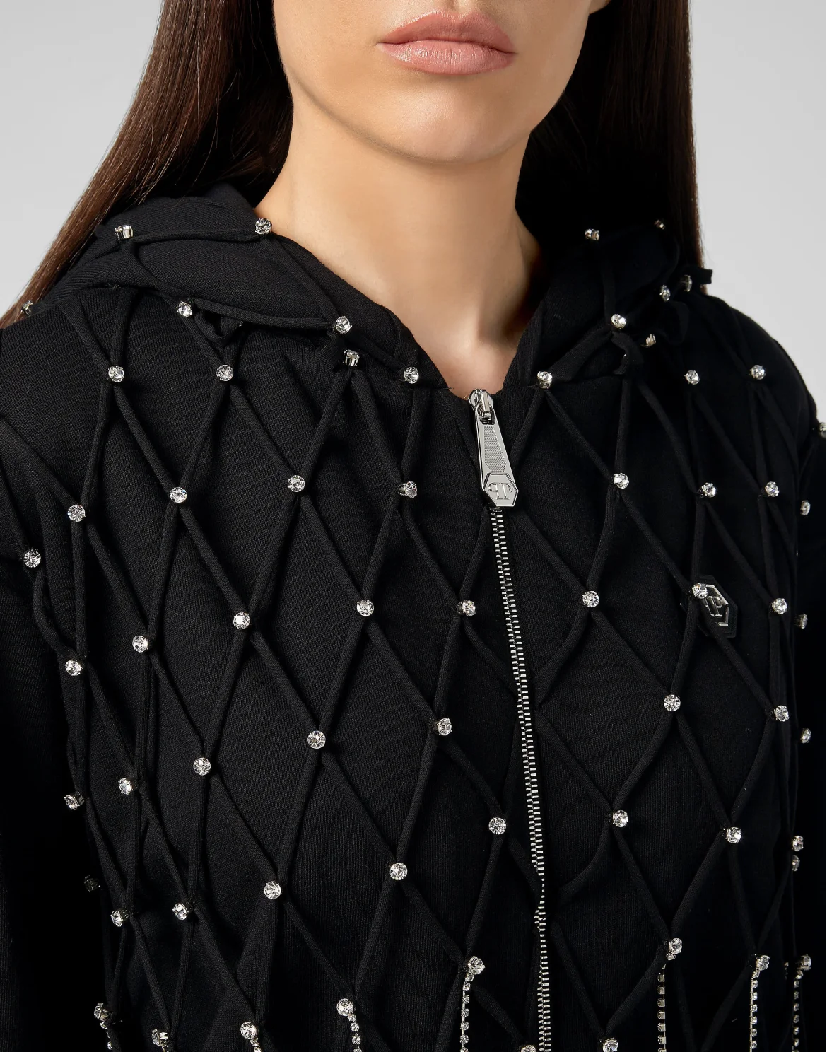 Hoodie Sweatjacket Net Crystal Touch Fringe, цвет: Черный