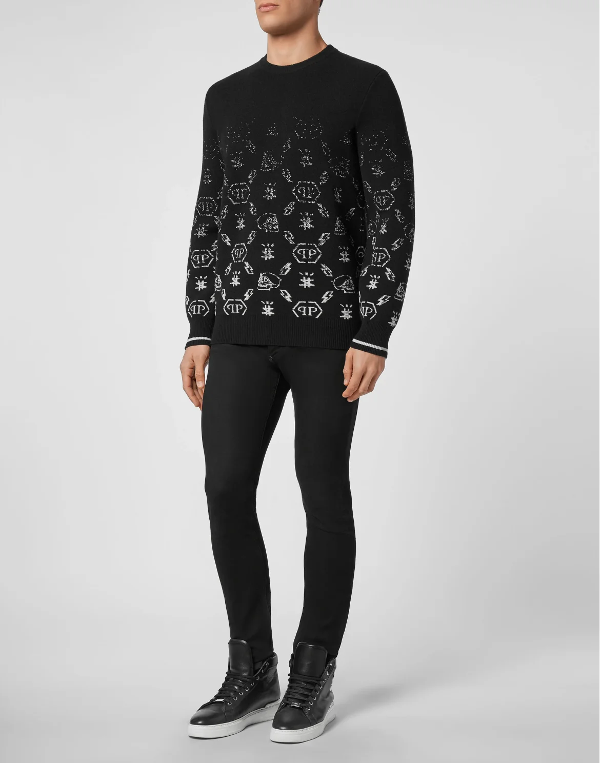 Wool Pullover Round Neck LS Jacquard Degradè Monogram, цвет: Черный