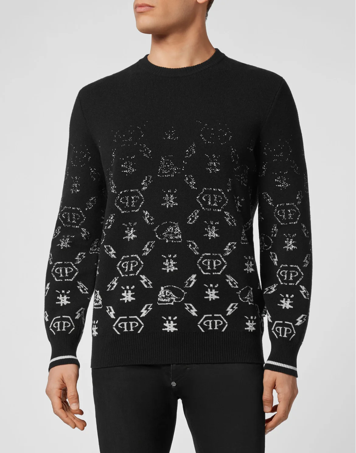 Wool Pullover Round Neck LS Jacquard Degradè Monogram, цвет: Черный