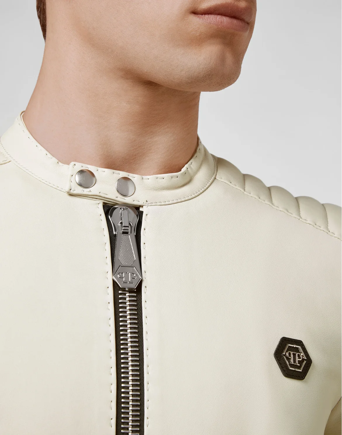 Lambskin handstitched Moto Jacket Iconic Plein, цвет: Бежевый