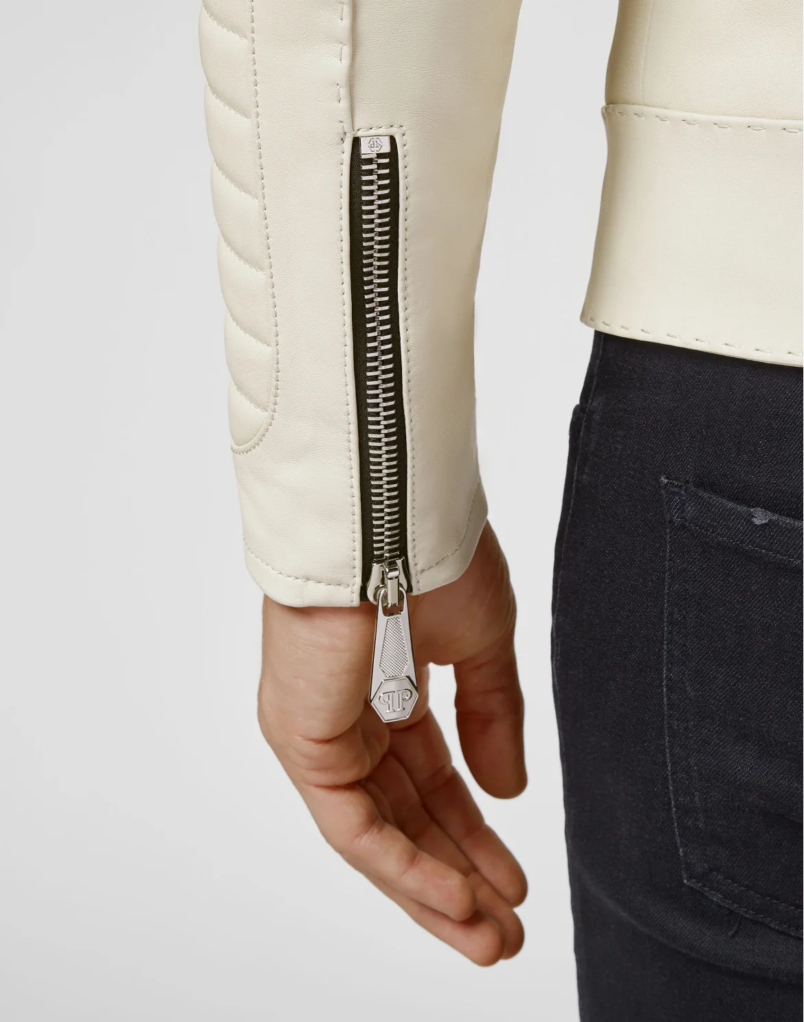 Lambskin handstitched Moto Jacket Iconic Plein, цвет: Бежевый
