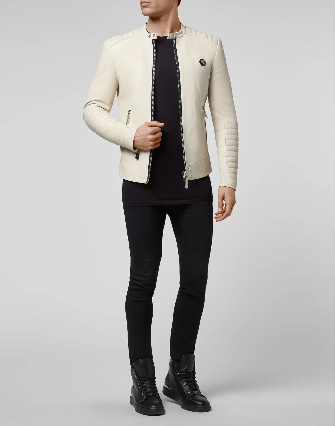 Lambskin handstitched Moto Jacket Iconic Plein, цвет: Бежевый