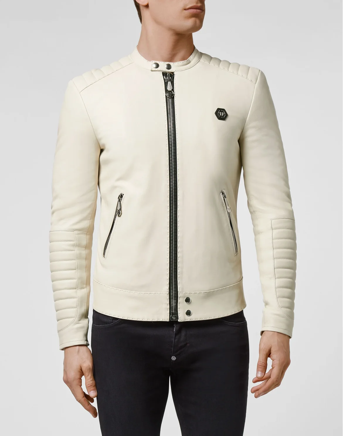 Lambskin handstitched Moto Jacket Iconic Plein, цвет: Бежевый