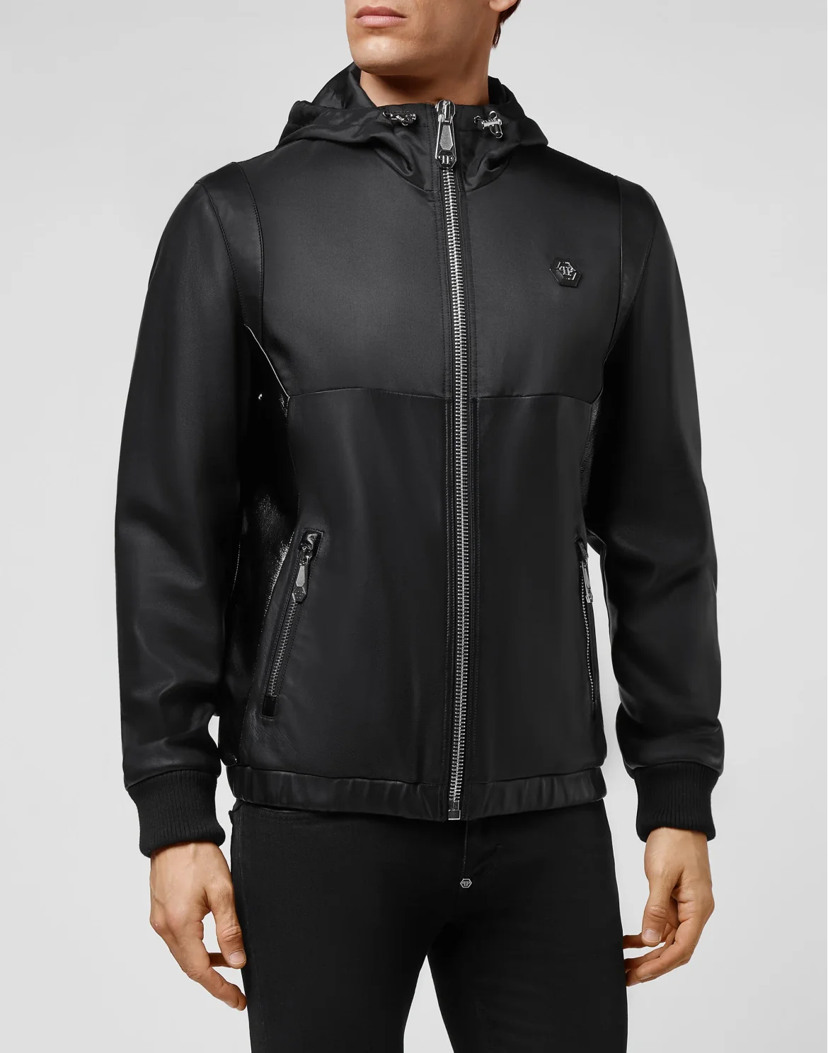 Soft Leather and Nylon Jacket Signature, цвет: Черный
