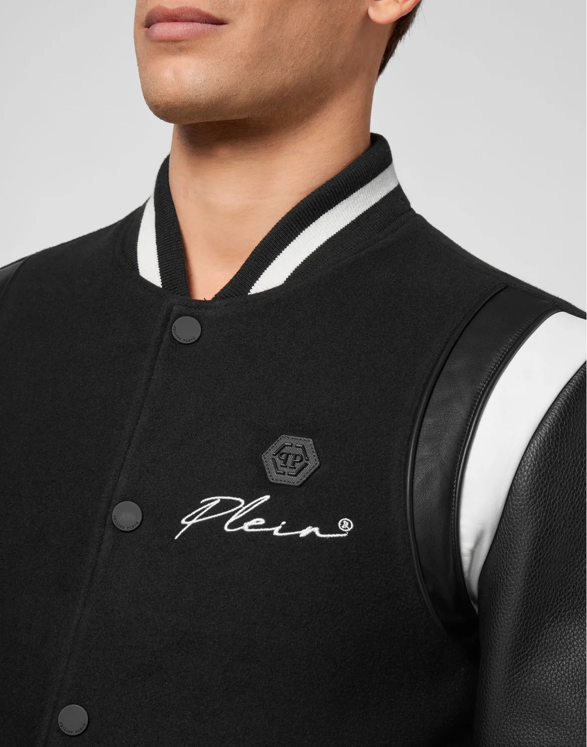 Slim Cut Wool And Leather Bomber Embroidery, цвет: Черный
