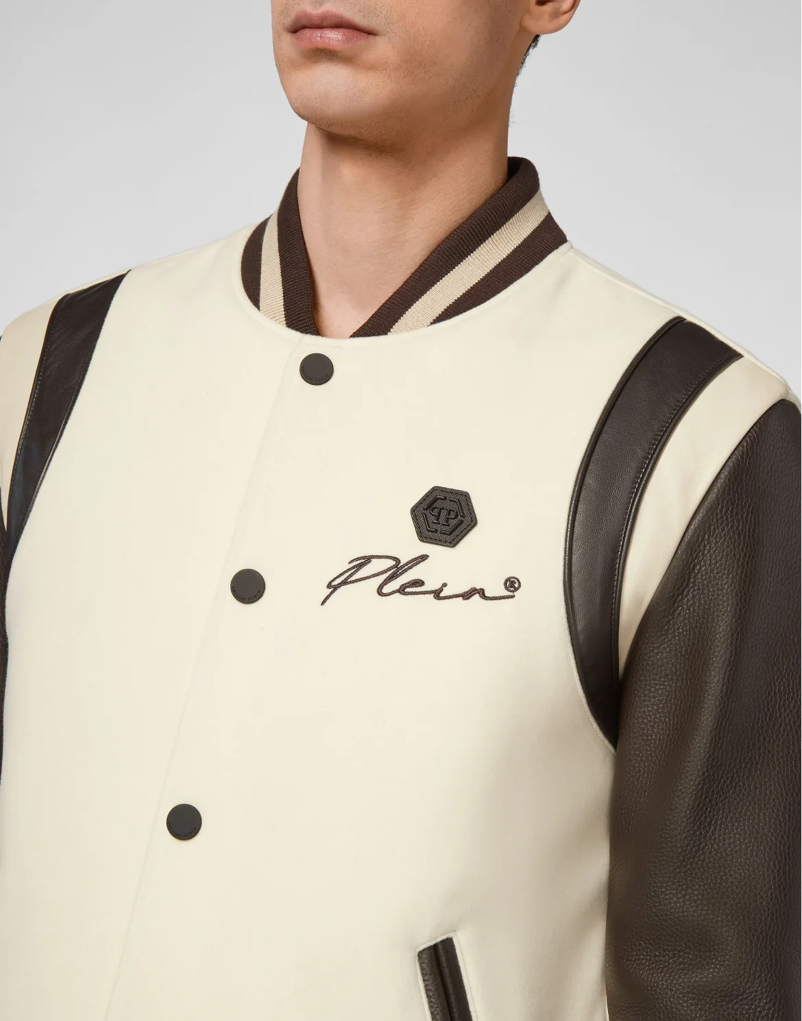 Slim Cut Wool And Leather Bomber Embroidery, цвет: Бежевый