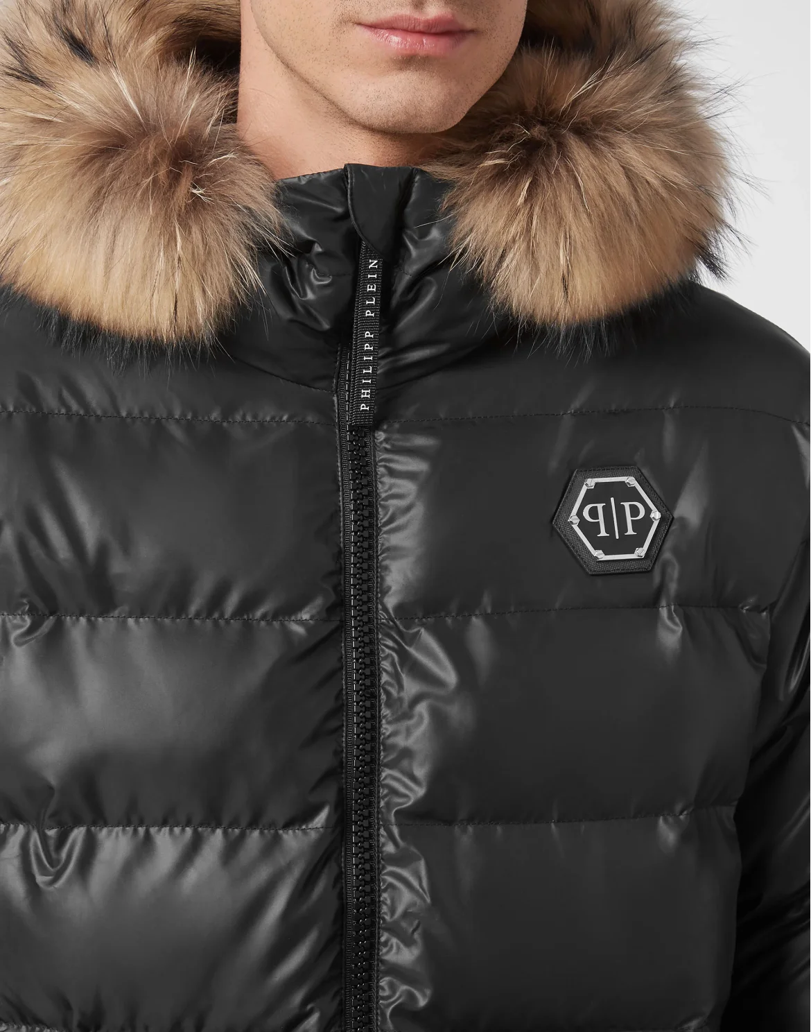 Nylon Padded Jacket With Fur, цвет: Черный