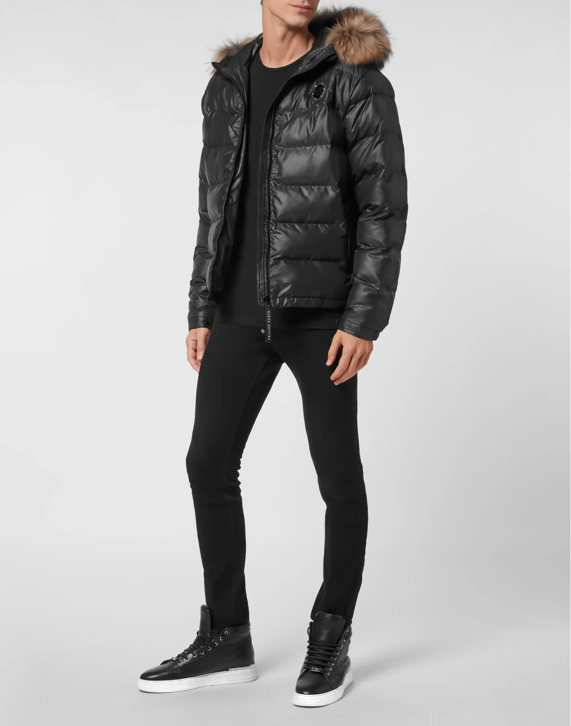 Nylon Padded Jacket With Fur, цвет: Черный
