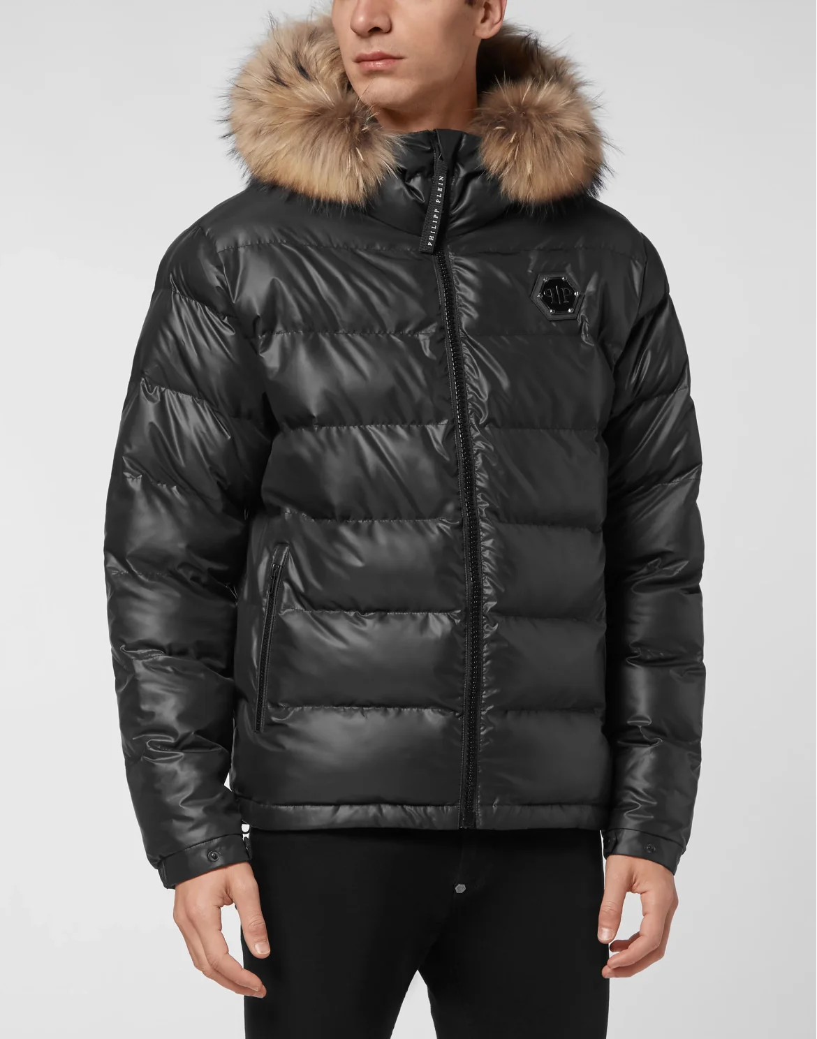 Nylon Padded Jacket With Fur, цвет: Черный