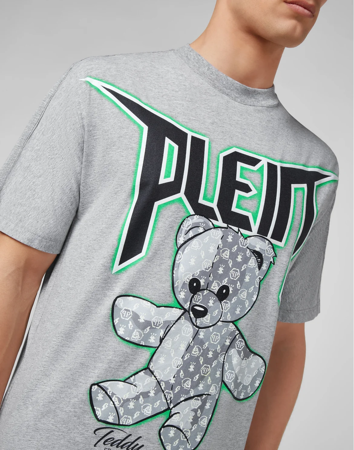T-shirt Round Neck SS Spray Effect Print Teddy Bear, цвет: Серый
