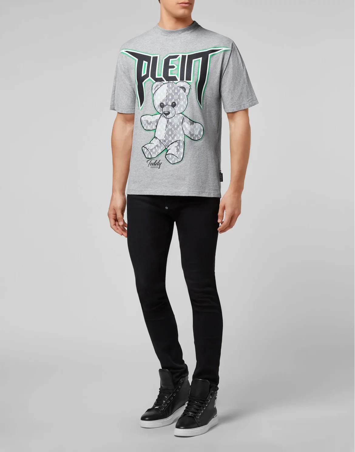 T-shirt Round Neck SS Spray Effect Print Teddy Bear, цвет: Серый