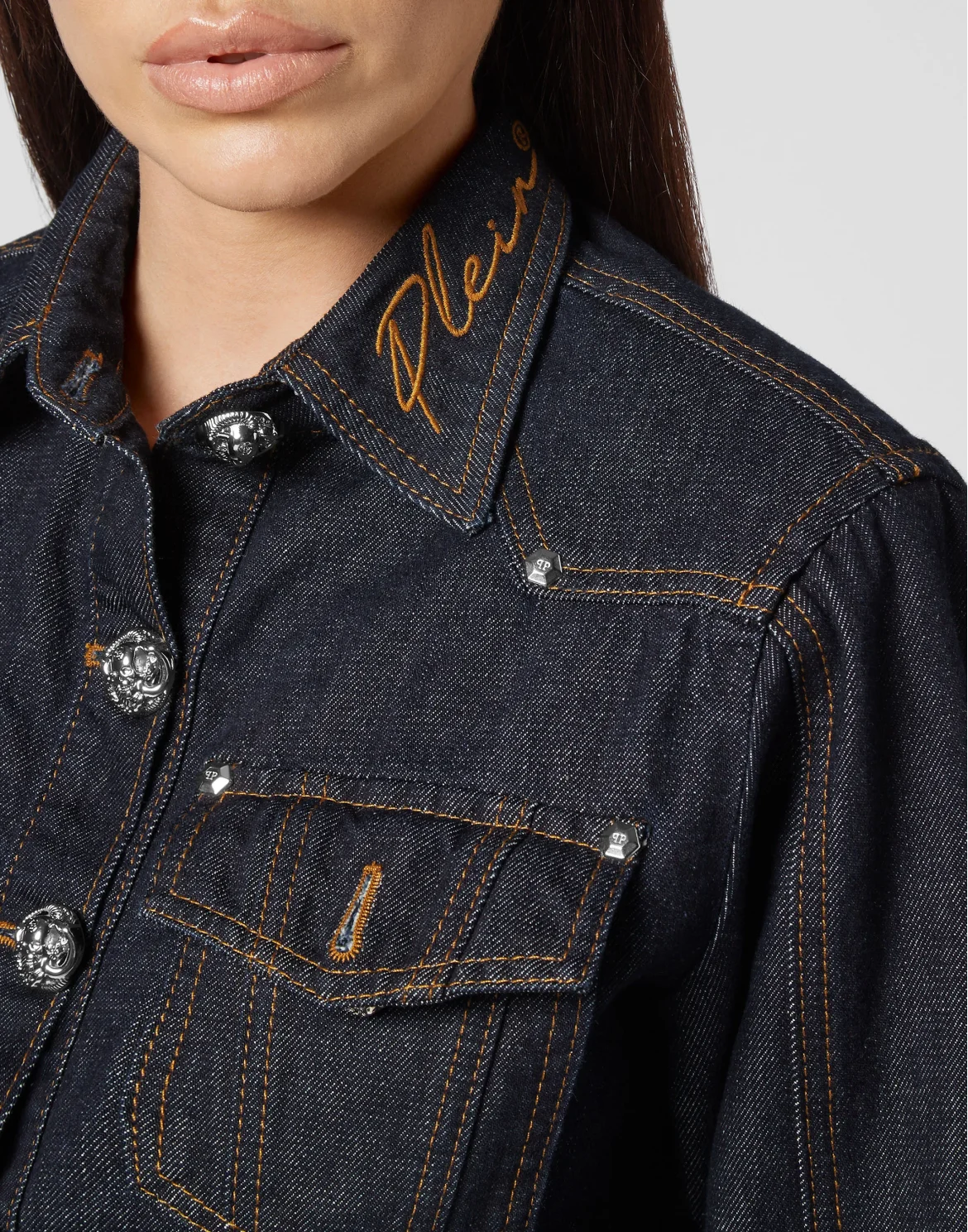 Denim Cropped Jacket Chains, цвет: Синий